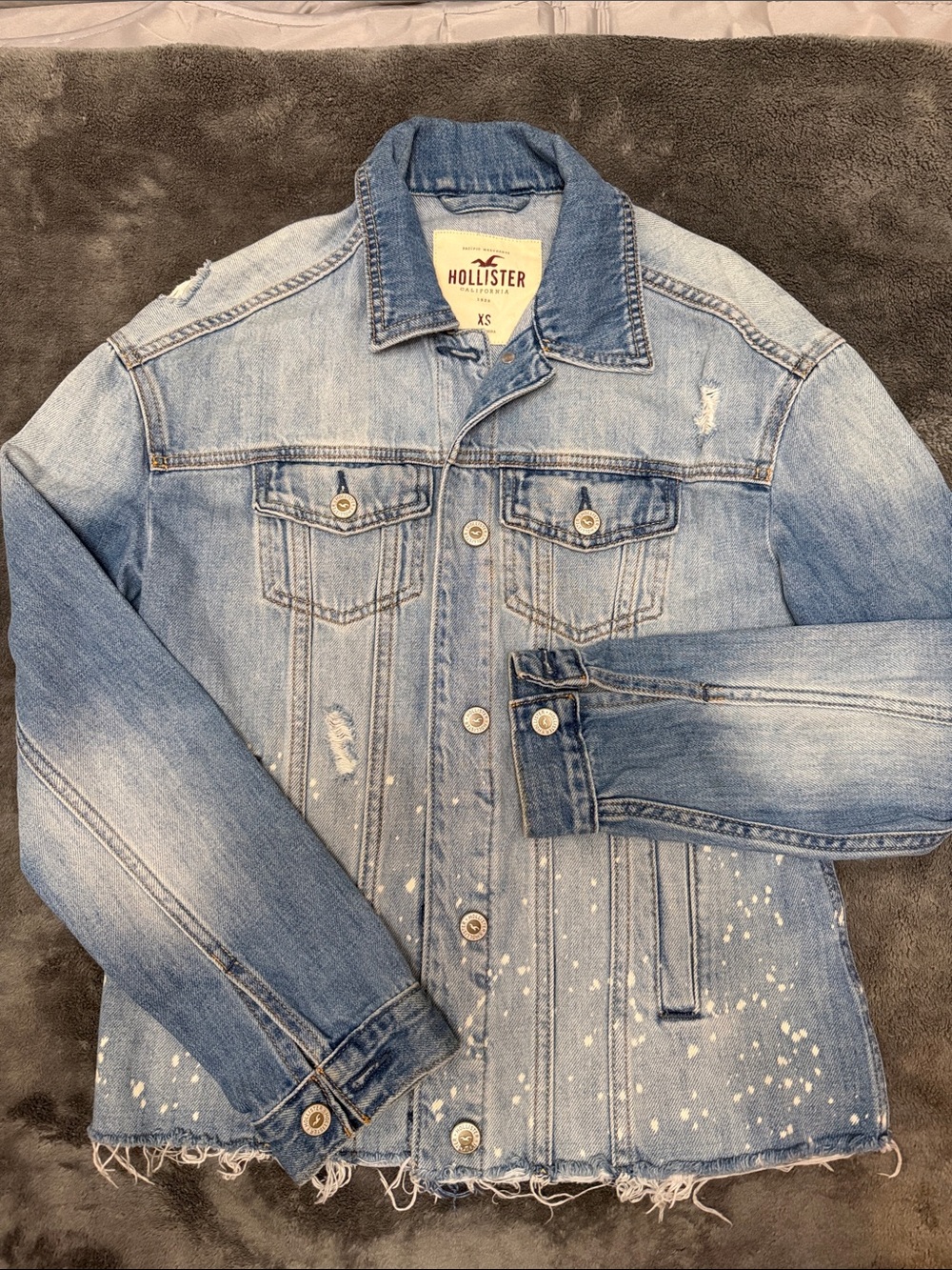 Hollister Light Blue Distressed Paint-Splatter Denim Jacket